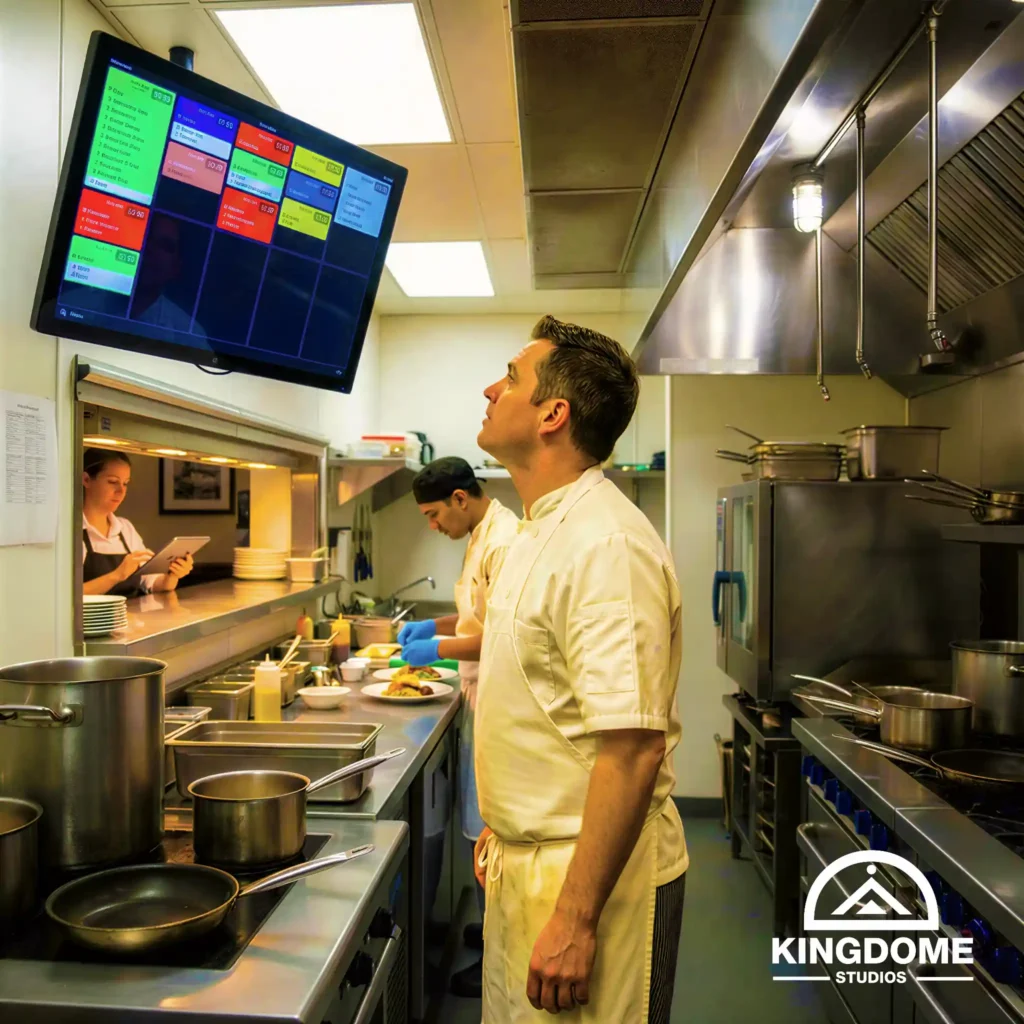 Chef viewing digital order screen in a commercial kitchen, optimized by the Best Restaurant Website Design Company in Airdrie Alberta for streamlined operations