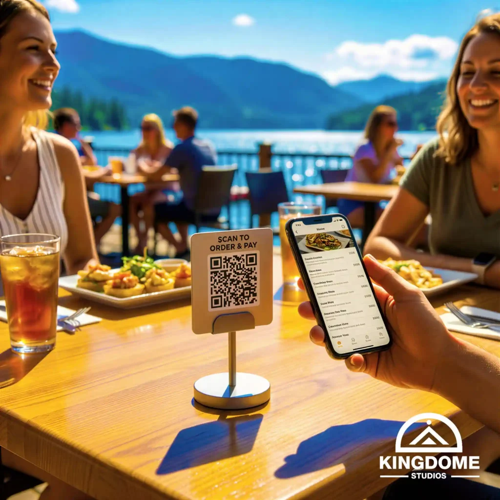 Guest scanning QR code on a sunny Cultus Lake patio. The Best Restaurant Website Design Company in Chilliwack BC streamlines service with contactless ordering