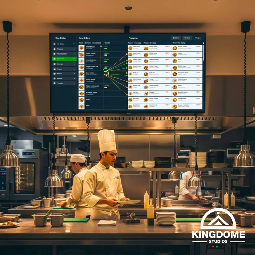 Kitchen dashboard with digital order tickets and a chef's hand touching a screen, representing live order management. Best Restaurant Website Design Company in Canada for operational tools