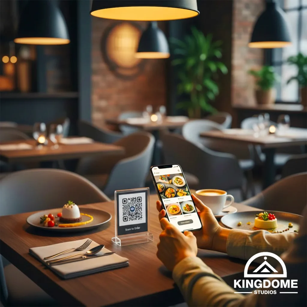 Close-up shot in a dimly lit, modern restaurant where a customer is scanning a QR code with their phone to view the digital menu and order. Best Restaurant Website Design Company in Canada, offering digital solutions