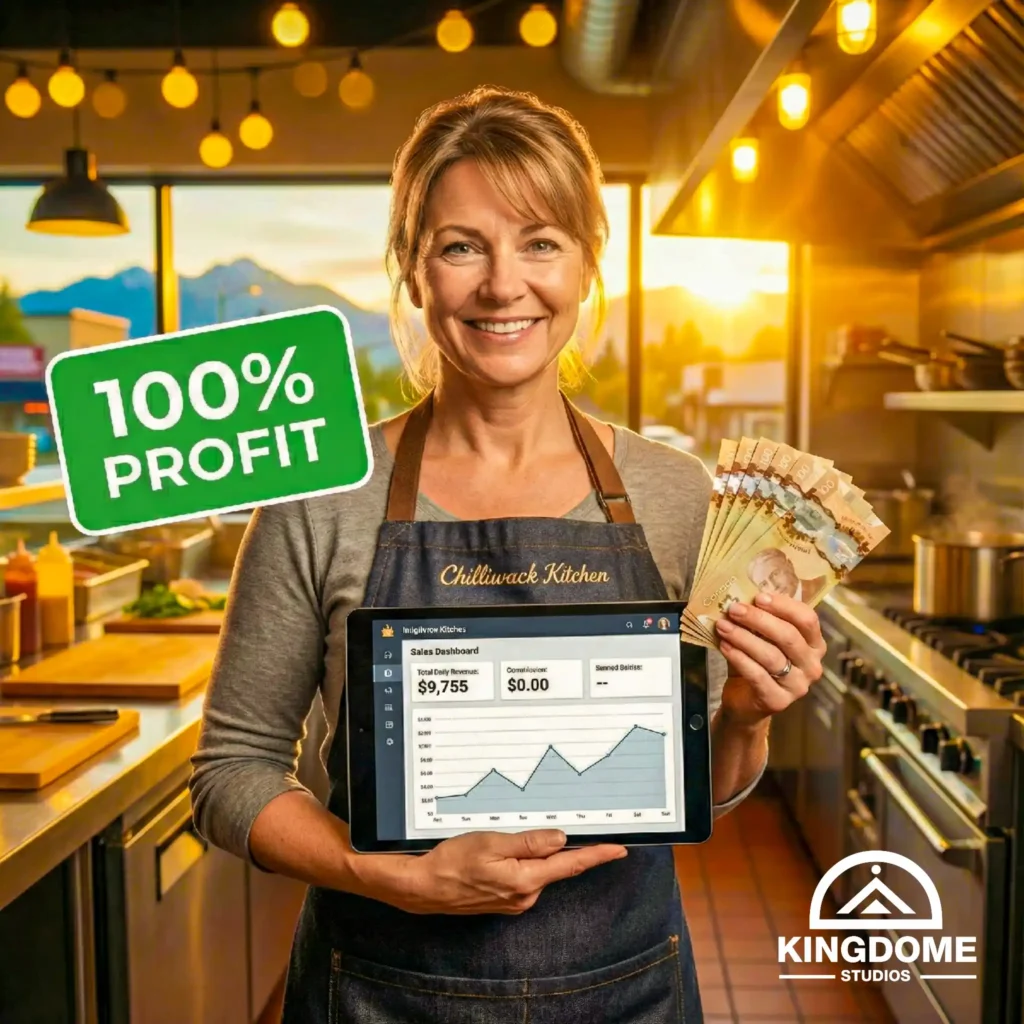 Smiling restaurant owner with 100% profit sales dashboard. Kingdome Studios is the Best Restaurant Website Design Company in Chilliwack BC, offering commission-free online ordering to maximize your profits