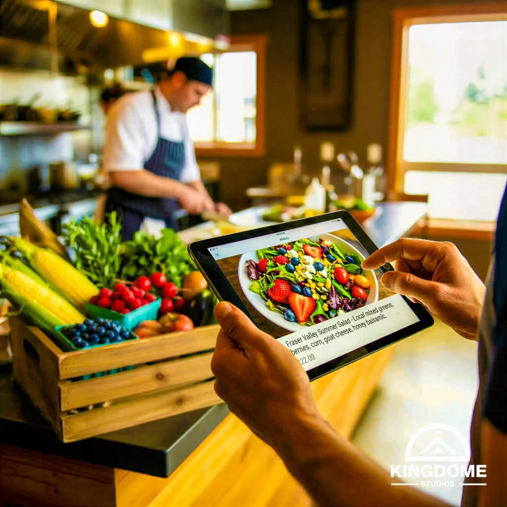 Tablet displaying fresh Fraser Valley salad menu. The Best Restaurant Website Design Company in Chilliwack BC gives you control to update seasonal items and prices instantly