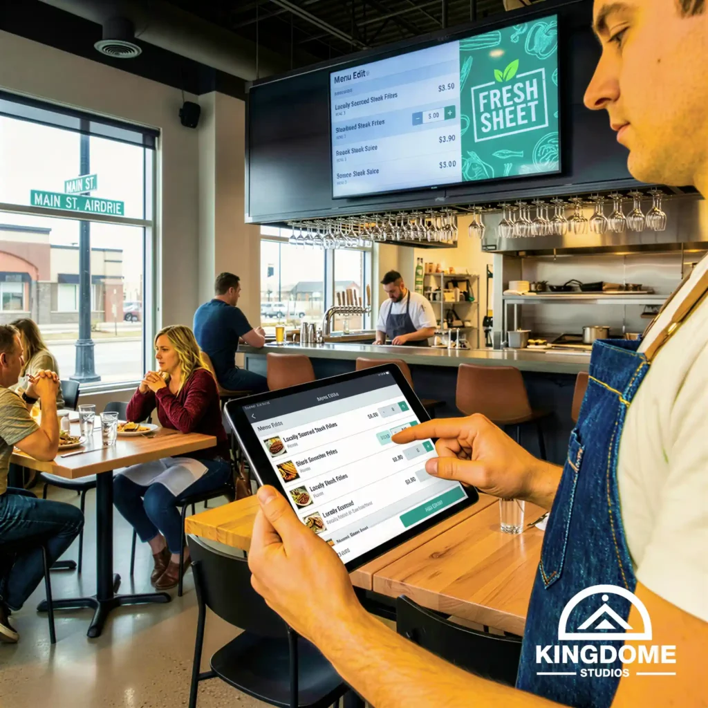 Updating digital menu on a tablet and large screen in a restaurant on Main St, Airdrie, showcasing the real-time control provided by the Best Restaurant Website Design Company in Airdrie Alberta