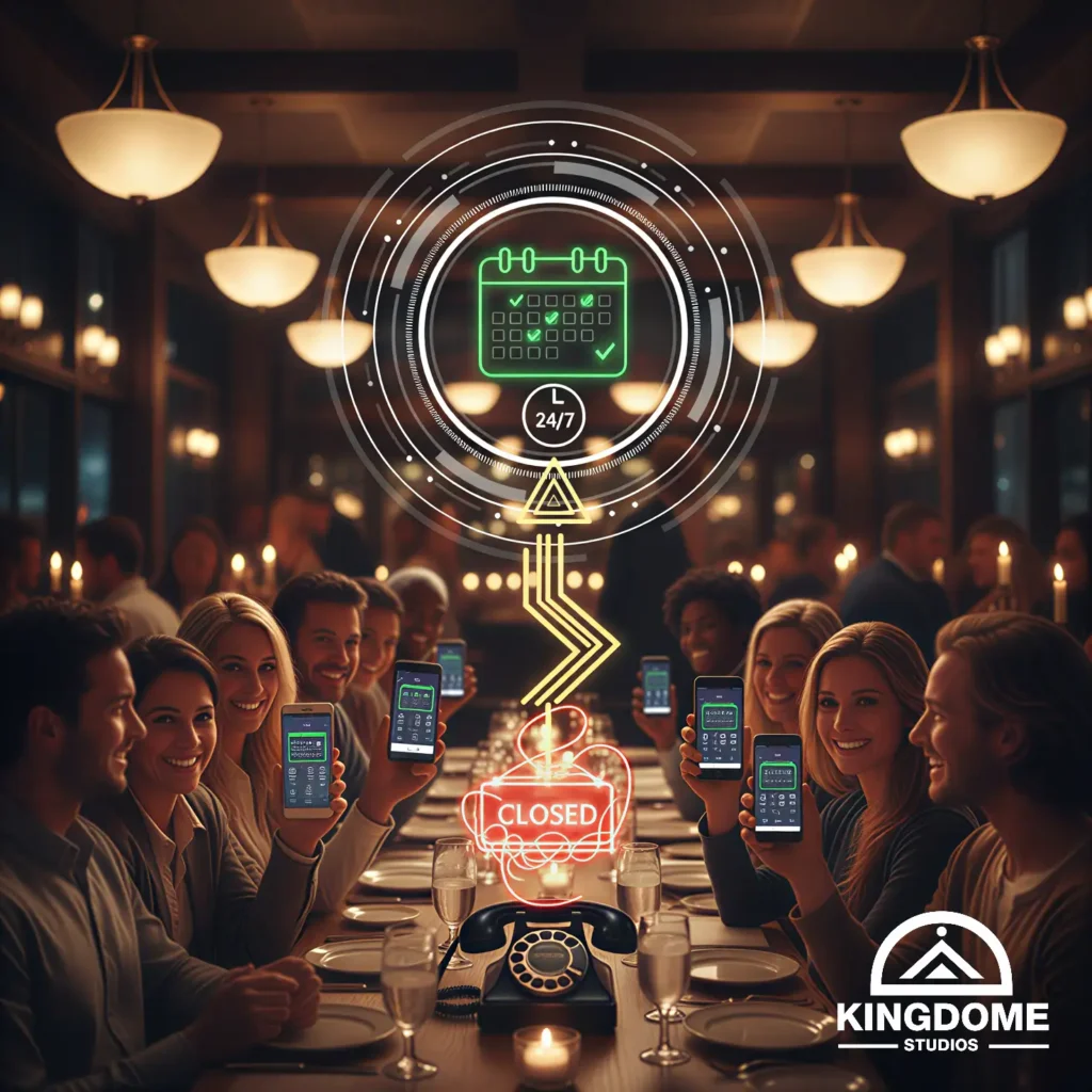 ​A busy Nanaimo restaurant with full tables and a 24/7 booking icon, optimized by the Best Restaurant Website Design Company in Nanaimo BC to show automated reservation success