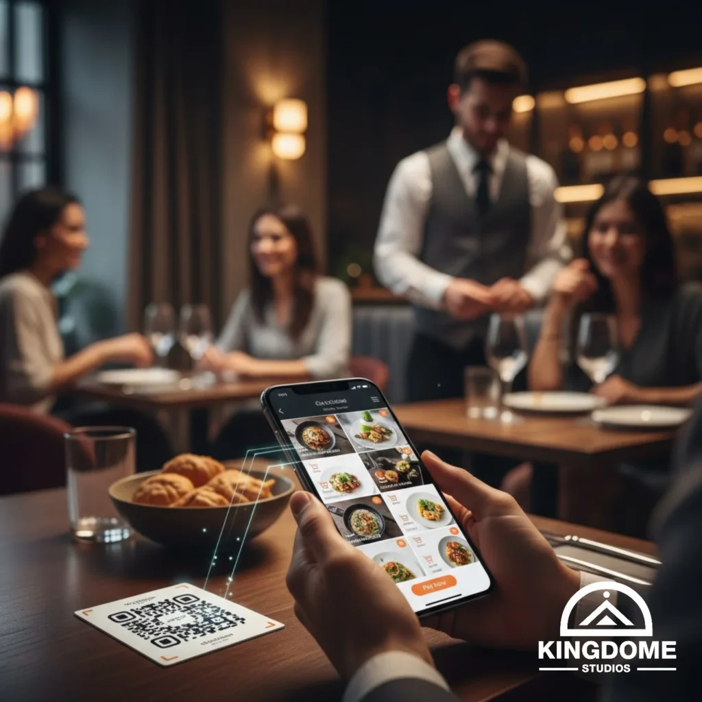 A close-up of a restaurant table featuring a modern QR code ordering system that allows guests to browse and pay, integrated by the Best Restaurant Website Design Company in Burnaby BC