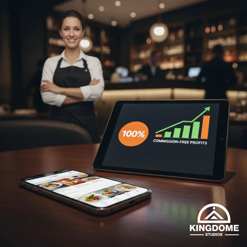 A happy restaurant owner holding a smartphone with a commission-free ordering interface and a tablet showing 100% profit growth, created by the Best Restaurant Website Design Company in Burnaby BC