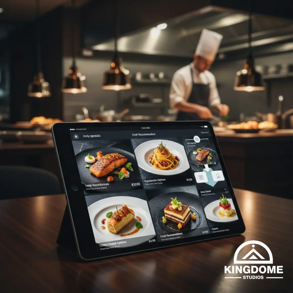 A modern digital restaurant menu with high-quality food photography displayed on a sleek mobile interface, developed by the Best Restaurant Website Design Company in Burnaby BC