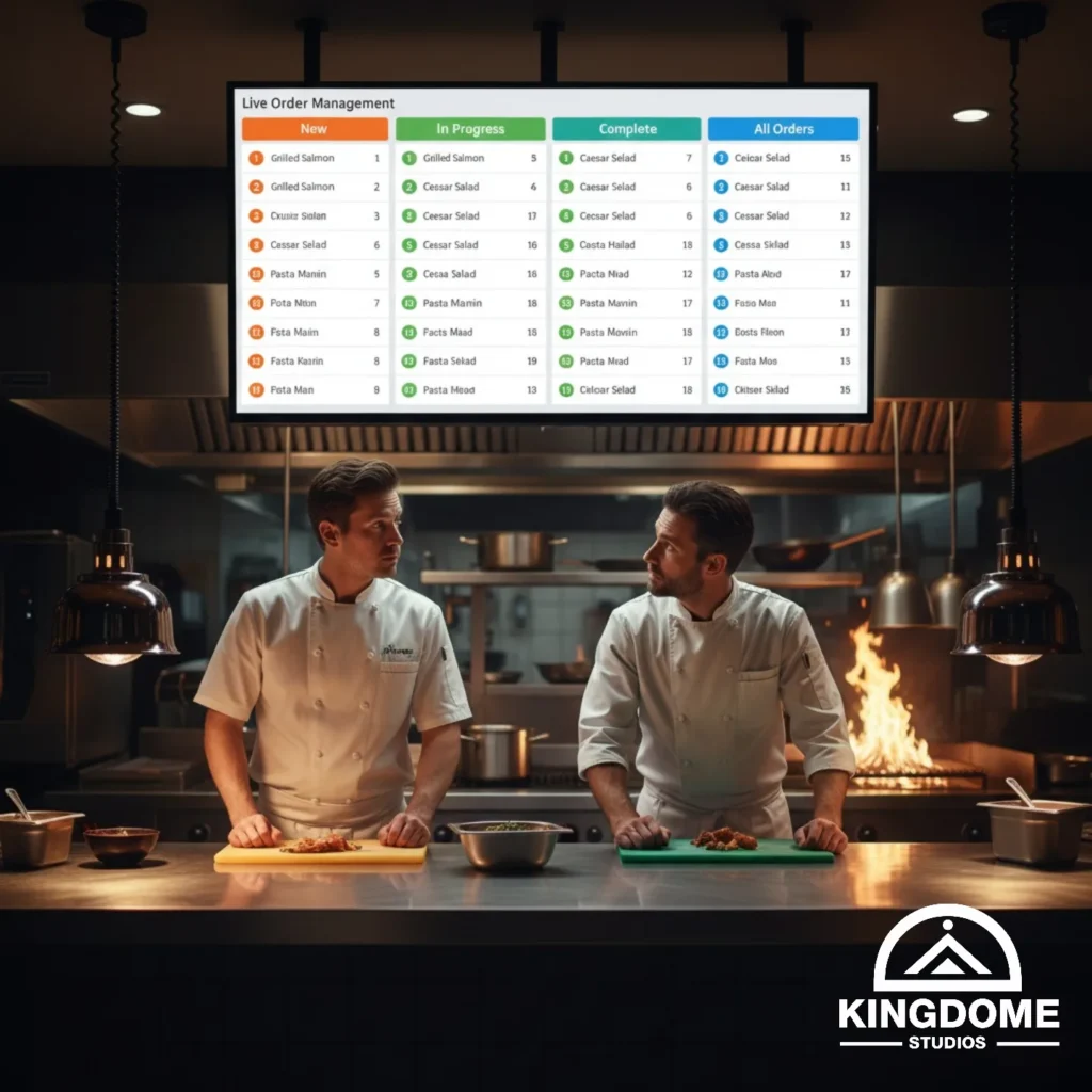 A professional restaurant kitchen featuring a live order management dashboard that streamlines operations and reservations, integrated by the Best Restaurant Website Design Company in Burnaby BC