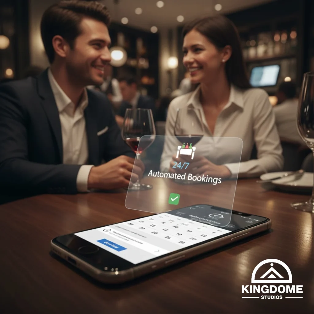 A restaurant table with happy patrons in the foreground and a digital booking system displaying real-time 24_7 availability, designed by the Best Restaurant Website Design Company in Burnaby BC