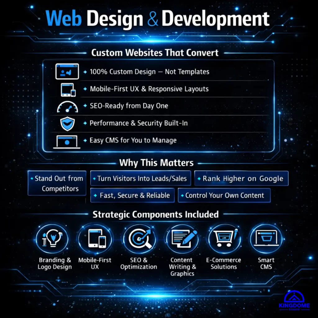 Black and blue Web Design & Development infographic showing custom website design, mobile-first UX, SEO-ready structure, performance optimization, security, CMS control, and ecommerce features