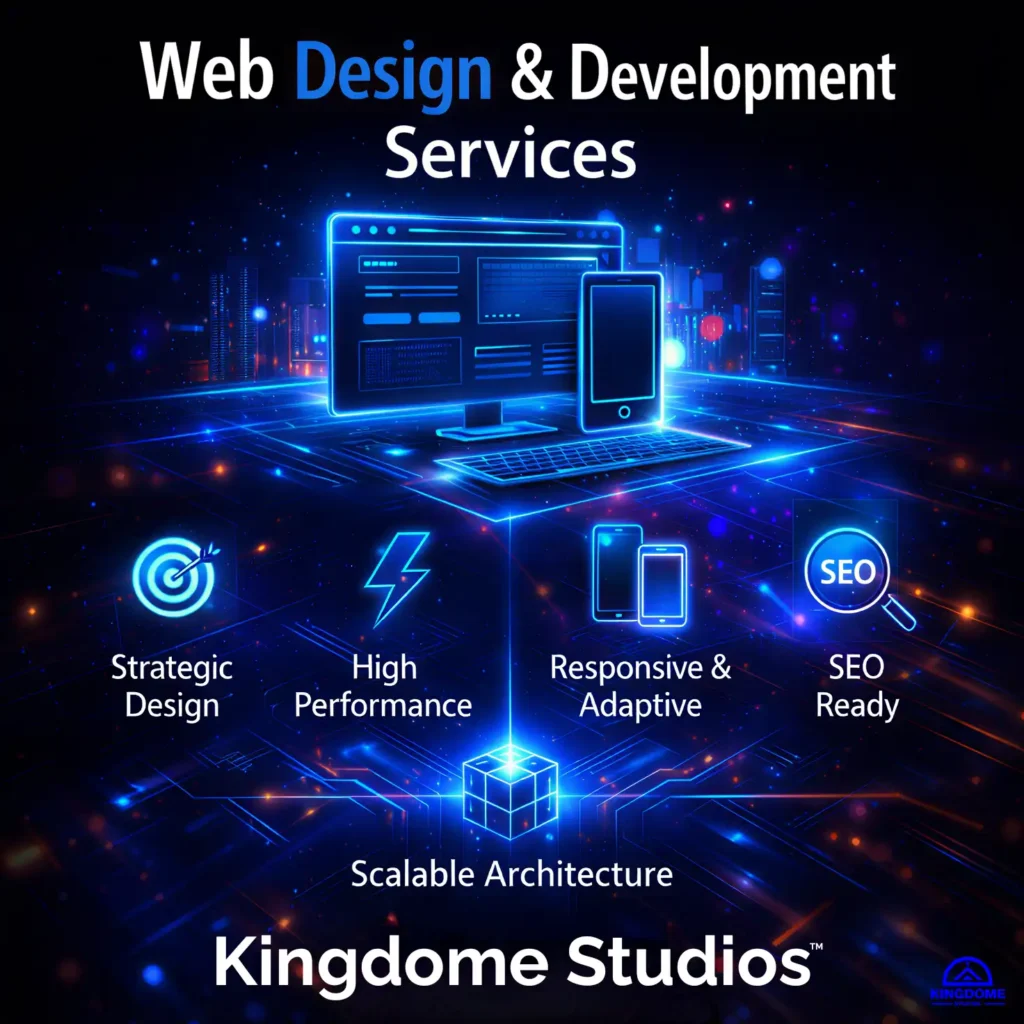 Black and blue web design and development infographic showcasing custom design, scalable builds, SEO-ready architecture, CMS integration, and performance-driven platforms by Kingdome Studios