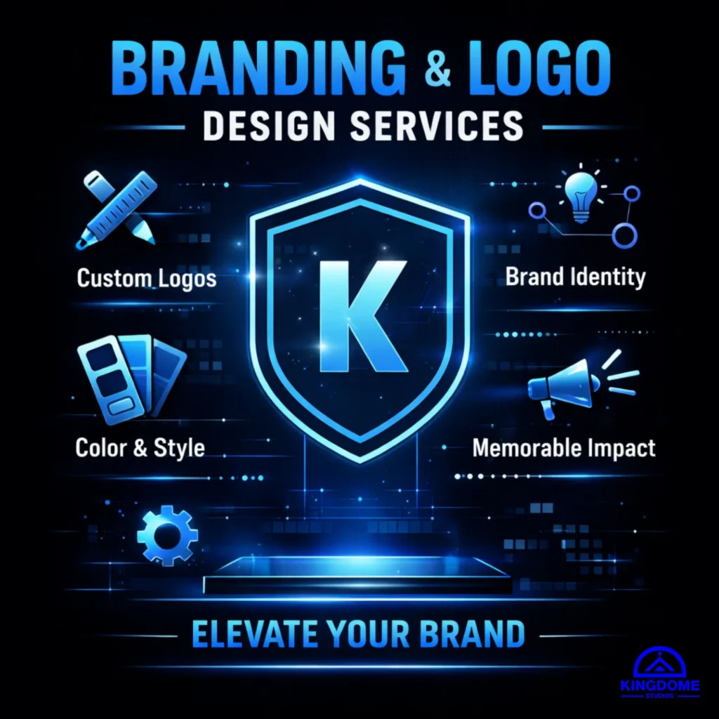 Branding and logo design services infographic showcasing brand strategy, logo creation, typography, color psychology, visual identity systems, and brand guidelines