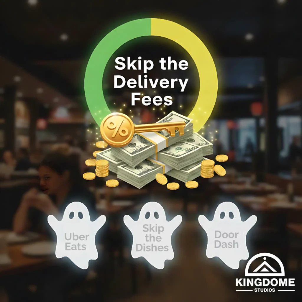 Commission-free ordering by the Best Restaurant Website Design Company in Nanaimo BC, showing 100% profit savings and translucent delivery ghosts in a modern restaurant