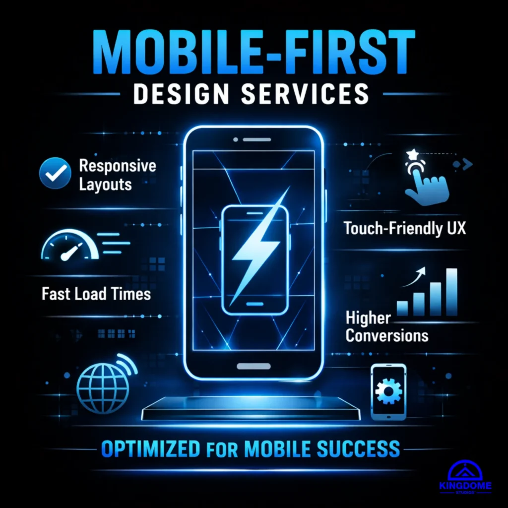 Infographic for Mobile-First Design Services highlighting responsive layouts, fast load times, touch-friendly UX, and higher conversions
