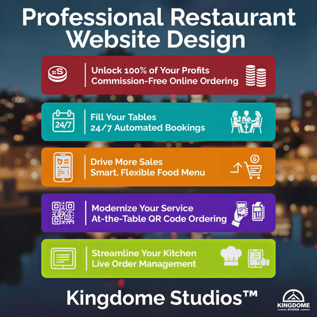 Infographic of restaurant software features like QR ordering and bookings, created by the Best Restaurant Website Design Company in Nanaimo BC to help local businesses increase their profits