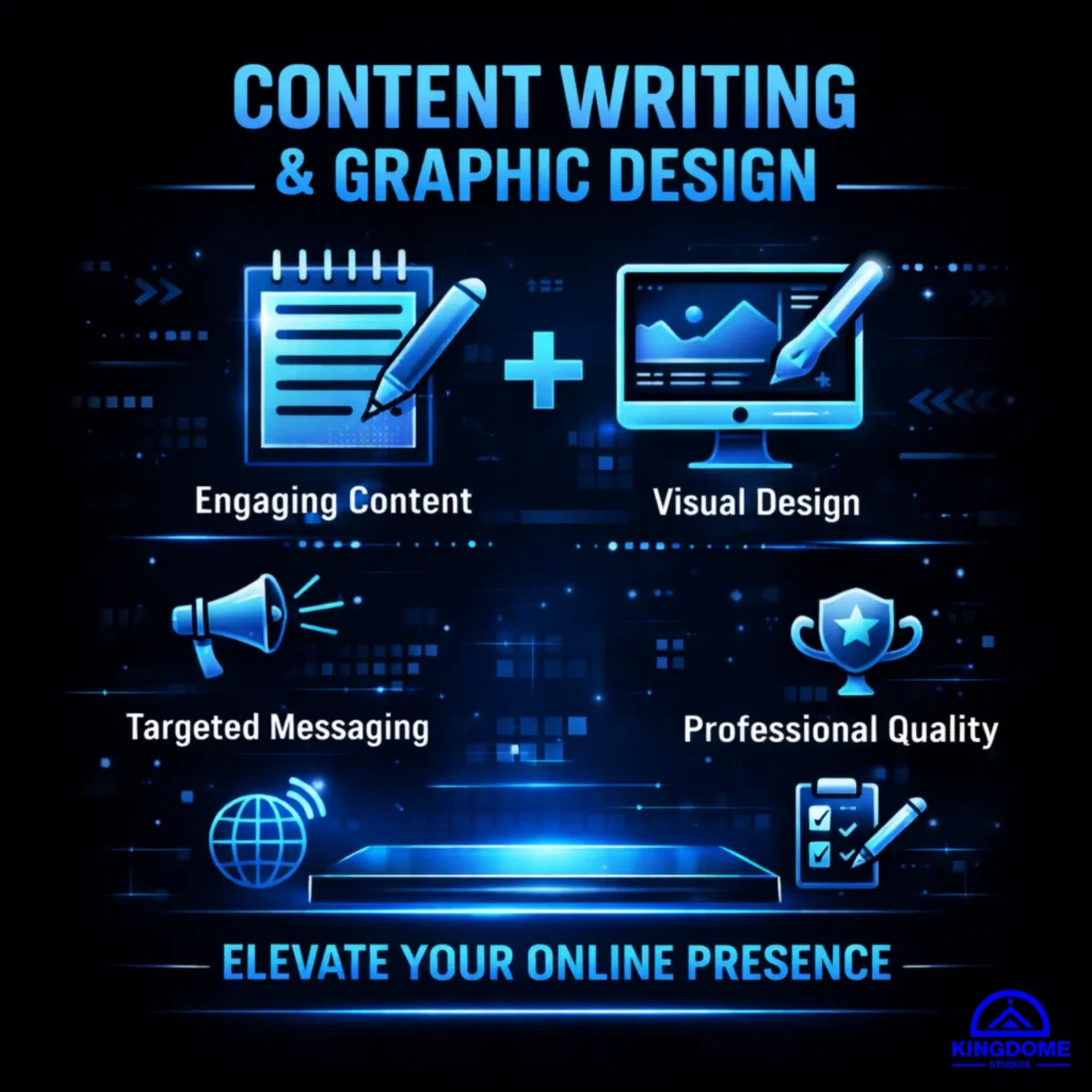 KingdomStudios.com graphic for Content Writing & Graphic Design services featuring Engaging Content, Visual Design, Targeted Messaging, and Professional Quality to elevate online presence