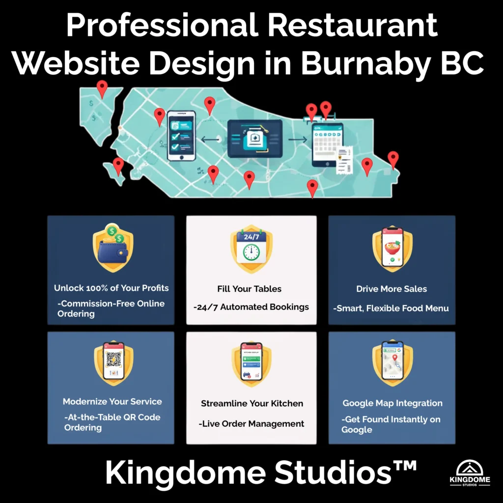 Kingdome Studios, The best restaurant website design company in Burnaby BC, featuring 24_7 automated bookings, QR code ordering, and smart digital menus