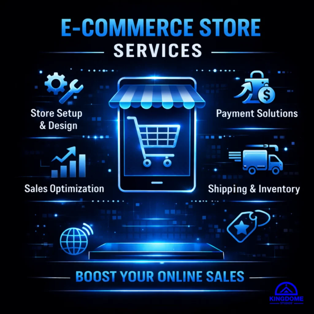 KingdomeStudios.com e-commerce services, Expert Content Writing & Graphic Design featuring Engaging Content, Visual Design, Targeted Messaging, and Professional Quality for online growth