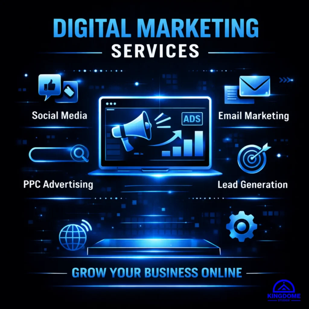 KingdomeStudios.com infographic for Content Writing & Graphic Design Engaging Content, Visual Design, Targeted Messaging, and Professional Quality. Aimed to elevate your online presence