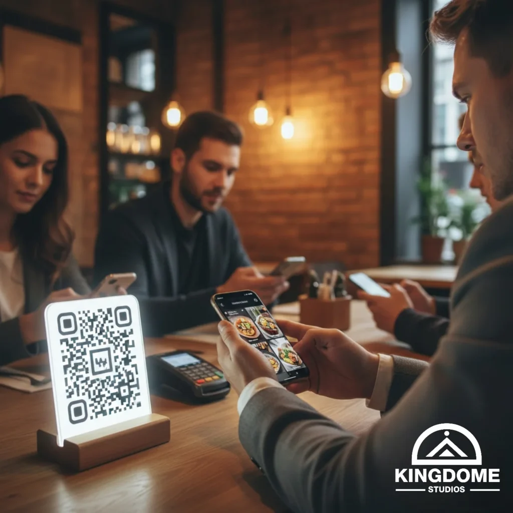 QR code ordering system on a restaurant table for modern service, integrated by the Best Restaurant Website Design Company in Nanaimo BC to streamline guest payments and reduce labor costs