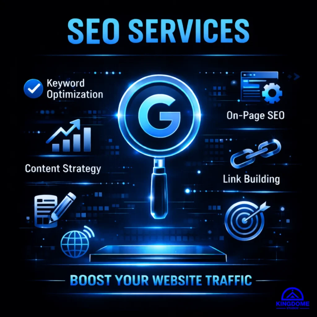 SEO Services graphic featuring a glowing blue magnifying glass with a Google icon, surrounded by labels for Keyword Optimization, On-Page SEO, Content Strategy, Link Building, and site traffic
