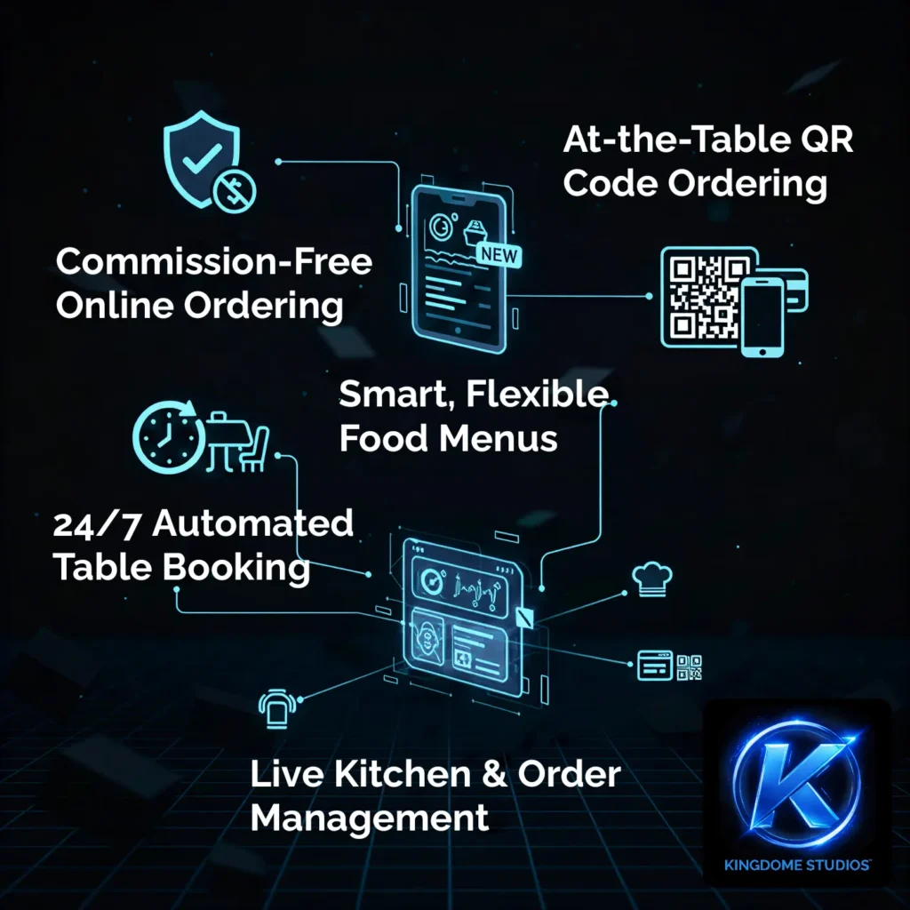 3D blue and black infographic outlining restaurant tech services, including commission-free ordering and live kitchen management from the Best Restaurant Website Design Company in Comox BC