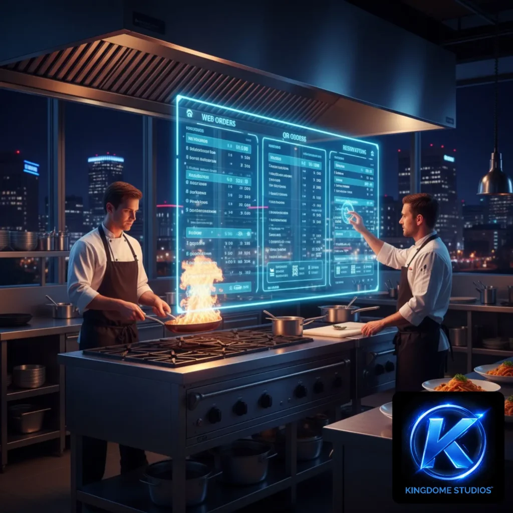 A Brandon chef manages a high-visibility live order dashboard overlooking the city skyline at night, a system from the Best Restaurant Website Design Company in Brandon Manitoba