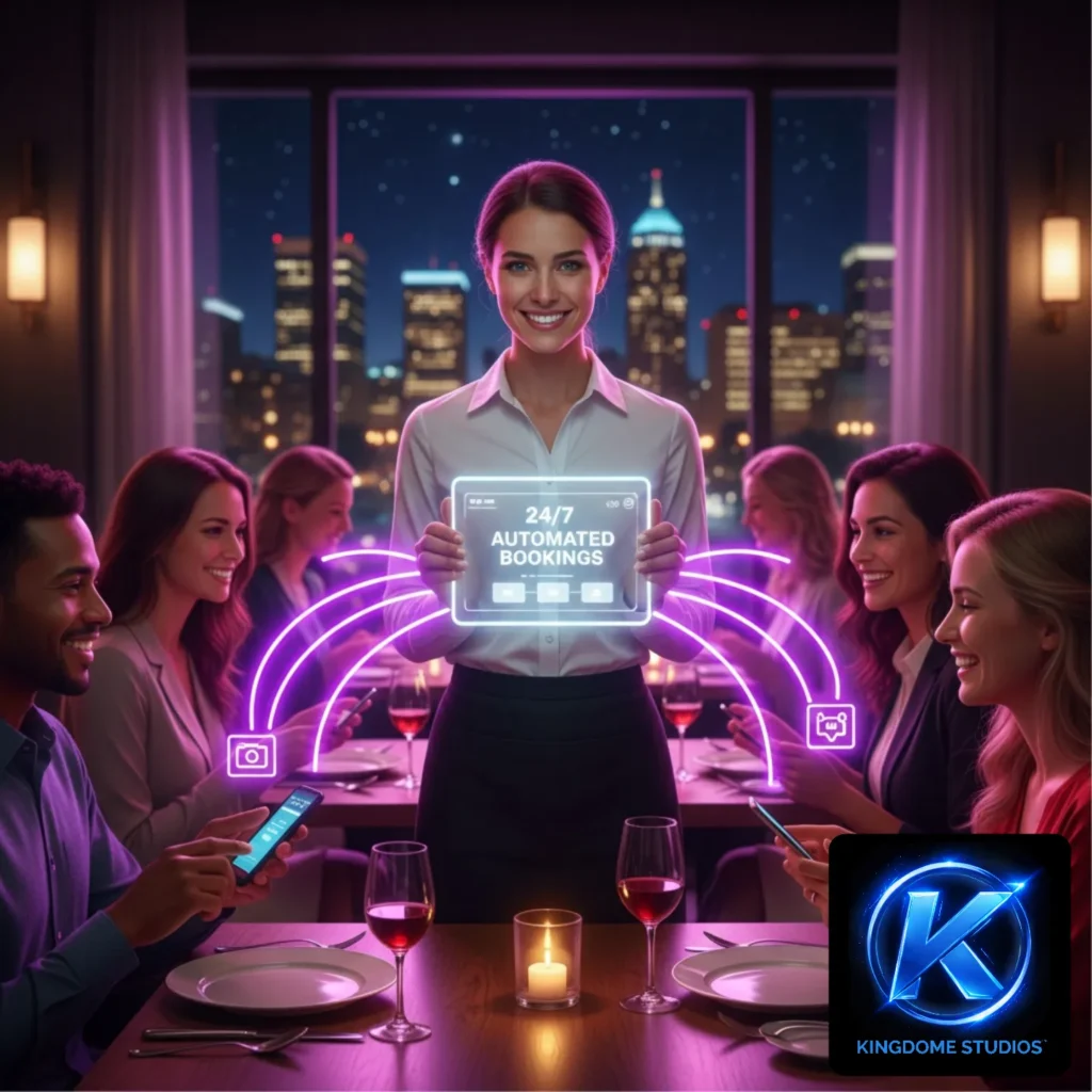 A Brandon restaurant hostess presents an automated 24_7 booking tablet in a vibrant dining room, a feature provided by the Best Restaurant Website Design Company in Brandon Manitoba