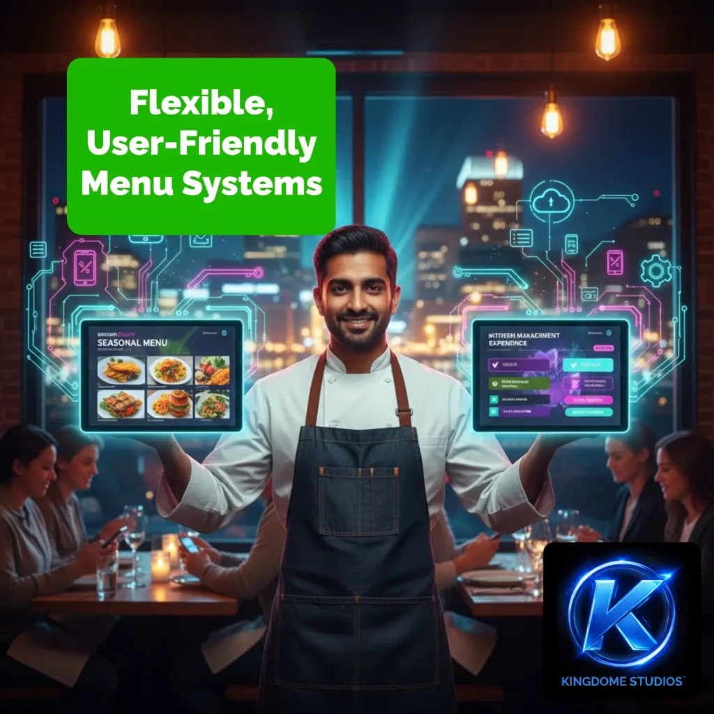 A Brandon restaurant owner manages a flexible food menu on dual glowing tablets with the city skyline behind him, a feature from the Best Restaurant Website Design Company in Brandon Manitoba