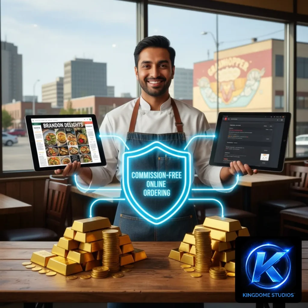 A Brandon restaurant owner with a commission-free ordering system, standing with gold bars and the city skyline, thanks to the Best Restaurant Website Design Company in Brandon Manitoba