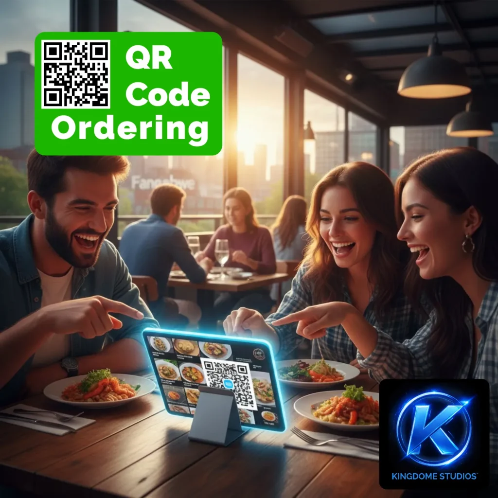 A London diner scans a glowing blue QR code on a tablet for at the table ordering at sunset a feature provided by the Best Restaurant Website Design Company in London Ontario