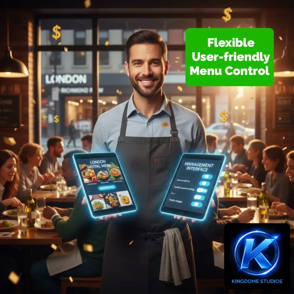 A London restaurant owner holds a glowing blue tablet for smart menu management with the city skyline in the background, from the Best Restaurant Website Design Company in London Ontario