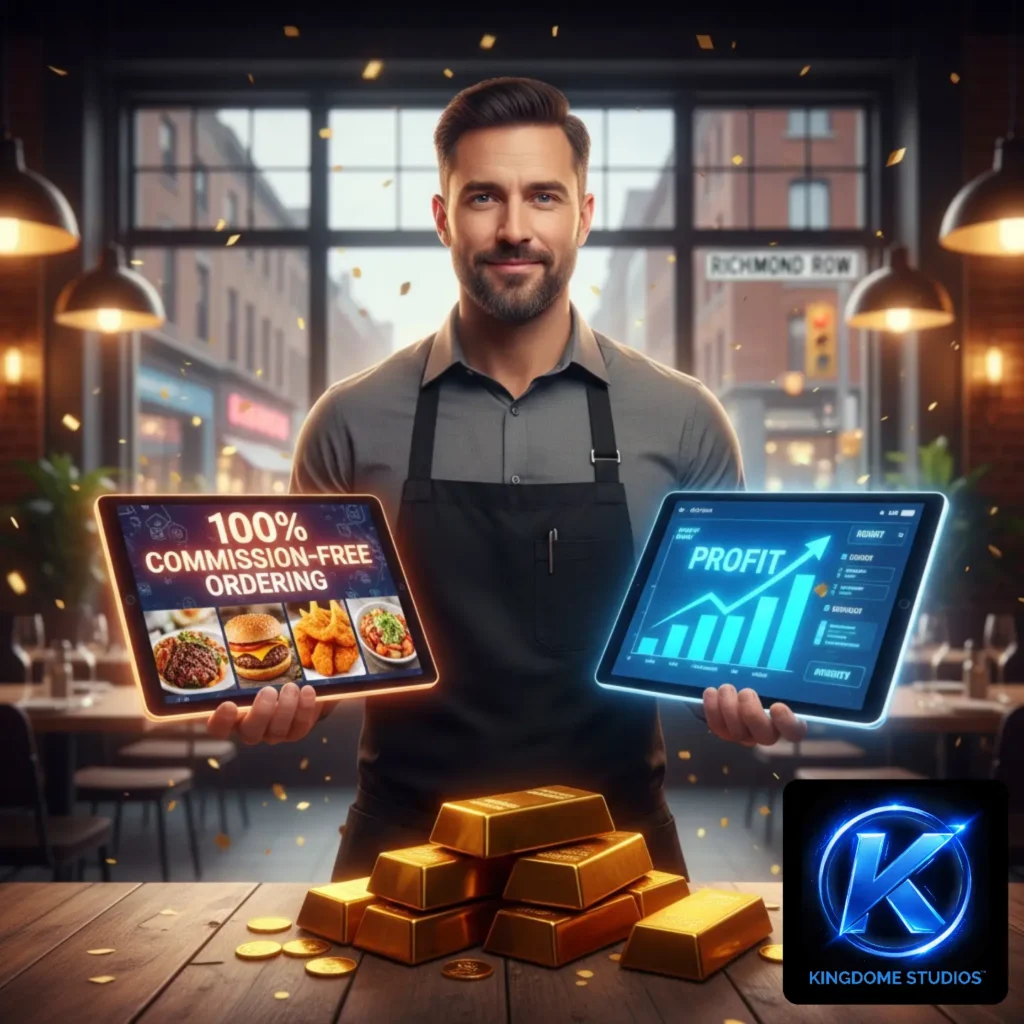 A London restaurant owner holds tablets showing commission-free ordering and profit growth near gold bars, from the Best Restaurant Website Design Company in London Ontario