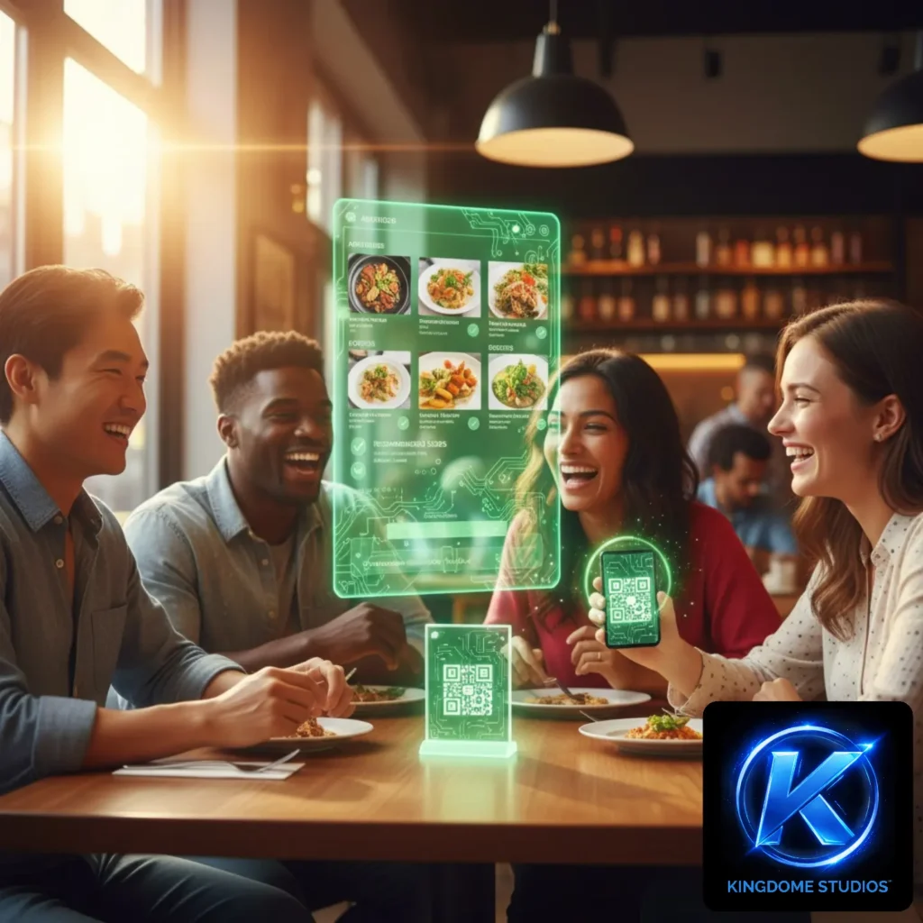 A group of diverse friends in a sunlit Markham restaurant use a glowing QR code for easy at the table ordering. Setup by the Best Restaurant Website Design Company in Markham Ontario