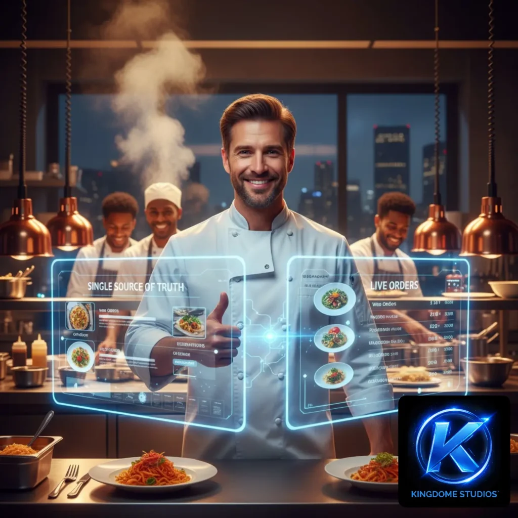 A happy chef in a Langley kitchen using a live order dashboard a Single Source of Truth from the Best Restaurant Website Design Company in Langley BC to synchronize all incoming revenue
