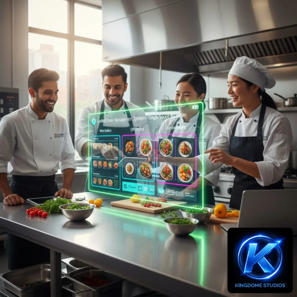 A happy chef in a professional kitchen presents a colorful live order management dashboard, a centralized synchronization tool from the Best Restaurant Website Design Company in Markham Ontario