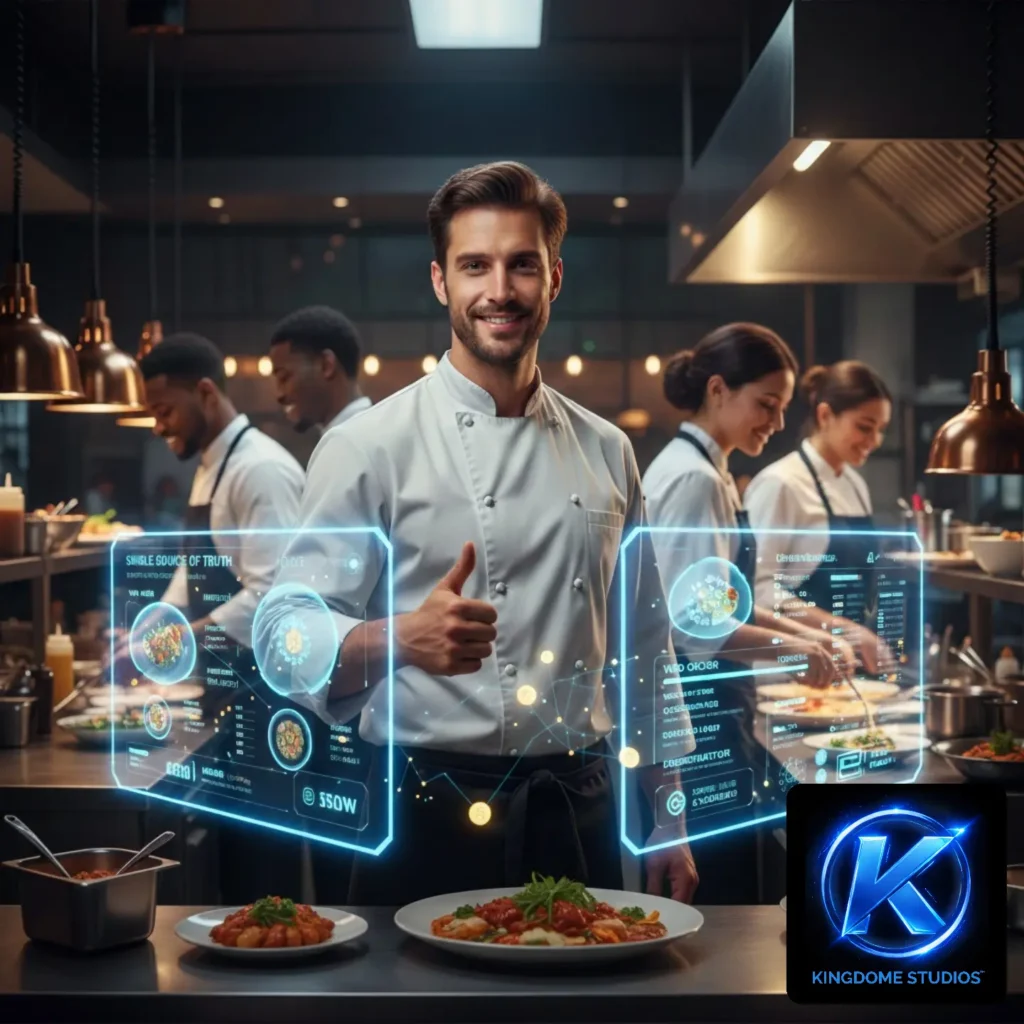 A happy chef using a live order management dashboard in a Coquitlam kitchen, a tool by the Best Restaurant Website Design Company in Coquitlam BC to streamline service and maximize efficiency