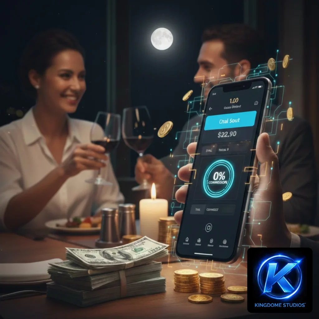 A happy couple dining under a full moon in Coquitlam while using a commission-free ordering app developed by the Best Restaurant Website Design Company in Coquitlam BC