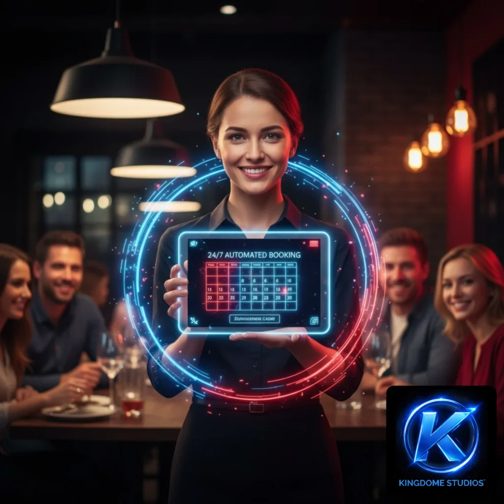 A happy hostess in a St. John restaurant presents a tablet for 24_7 automated bookings, a streamlined service from the Best Restaurant Website Design Company in St. John New Brunswick