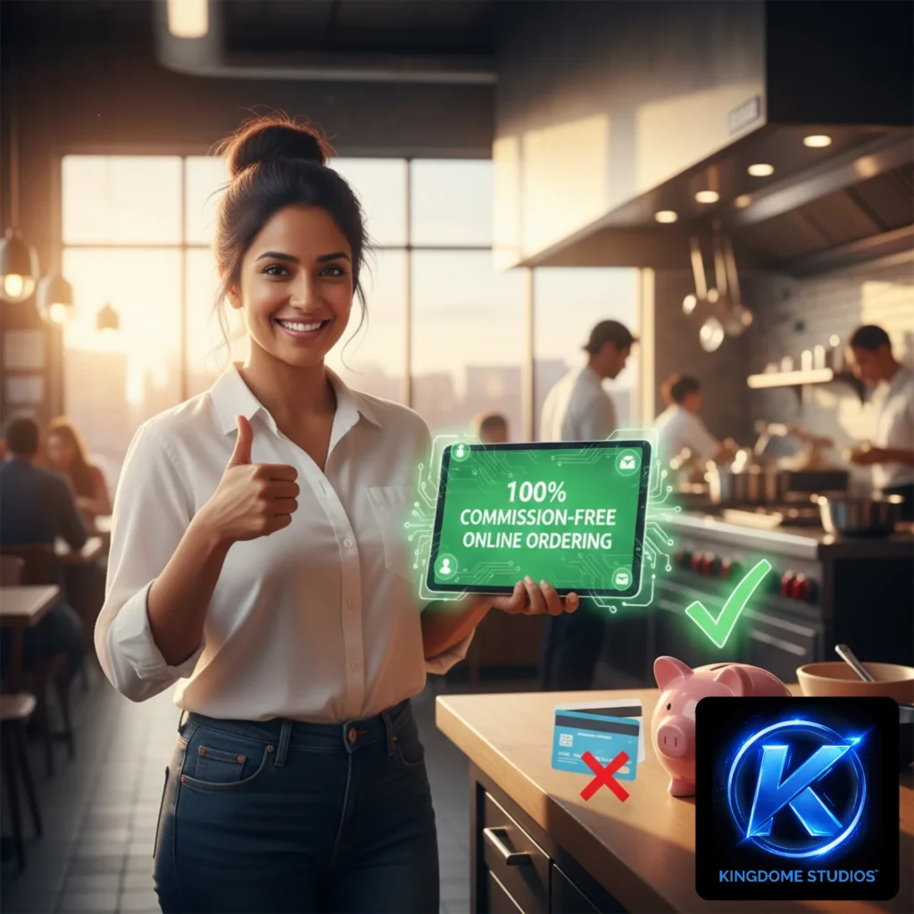 A happy restaurant owner gives a thumbs up next to a commission-free ordering display. Built by the Best Restaurant Website Design Company in Markham Ontario. Bright, vibrant, and professional