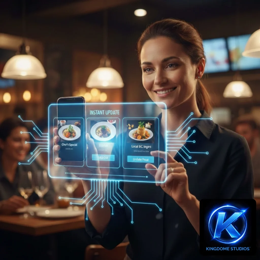 A happy restaurant owner in Langley BC instantly updating a flexible digital menu on her smartphone a feature from the Best Restaurant Website Design Company in Langley BC
