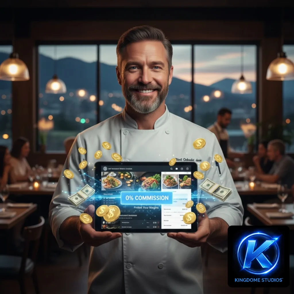 A happy restaurant owner in Langley BC showcasing a 0 commission online ordering tablet a profitable solution from the Best Restaurant Website Design Company in Langley BC