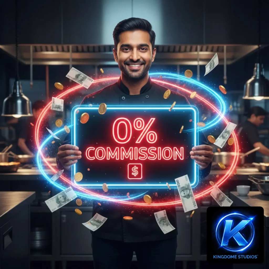 A happy restaurant owner in St. John holding a 0% commission sign, showcasing a profit-saving tool from the Best Restaurant Website Design Company in St. John New Brunswick