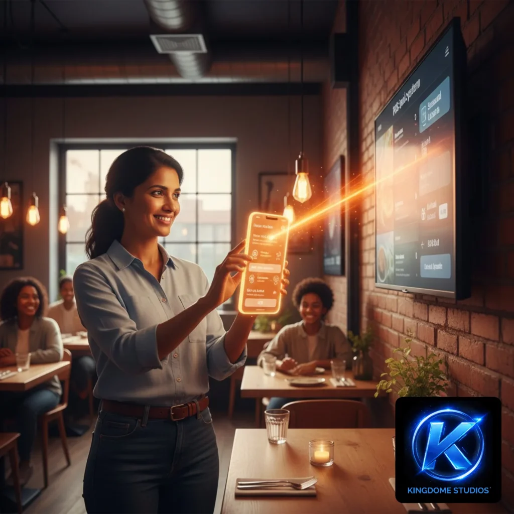 A happy restaurant owner uses a smartphone to instantly update a digital menu, a flexible sales tool from the Best Restaurant Website Design Company in Pickering Ontario