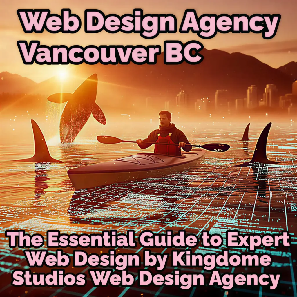 A kayaker on the sea with breaching whales by Kingdome Studios, a leading Vancouver BC web design agency, featuring The Essential Guide to Expert Web Design in the Vancouver skyline