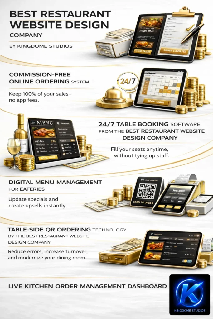 A professional white gold-themed display of restaurant tech from the Best Restaurant Website Design Company in St. John New Brunswick, showcasing digital menus and booking systems