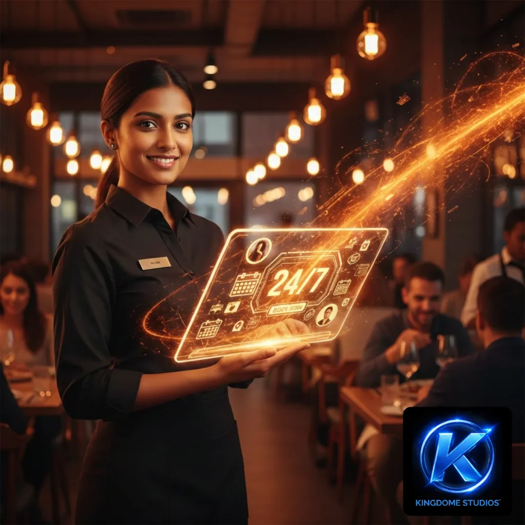 A restaurant hostess manages a glowing 24_7 reservation dashboard, a seamless automated booking system from the Best Restaurant Website Design Company in Pickering Ontario