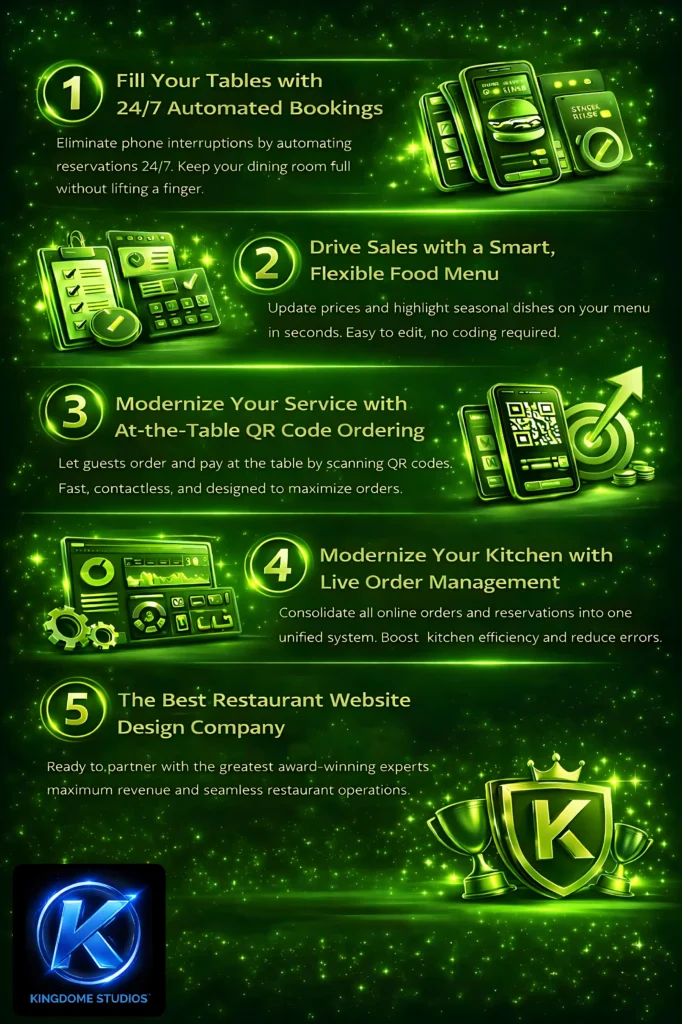 A restaurant tech solutions list featuring automated bookings and live order management. Expertly crafted by the Best Restaurant Website Design Company in Markham Ontario. Green tech theme