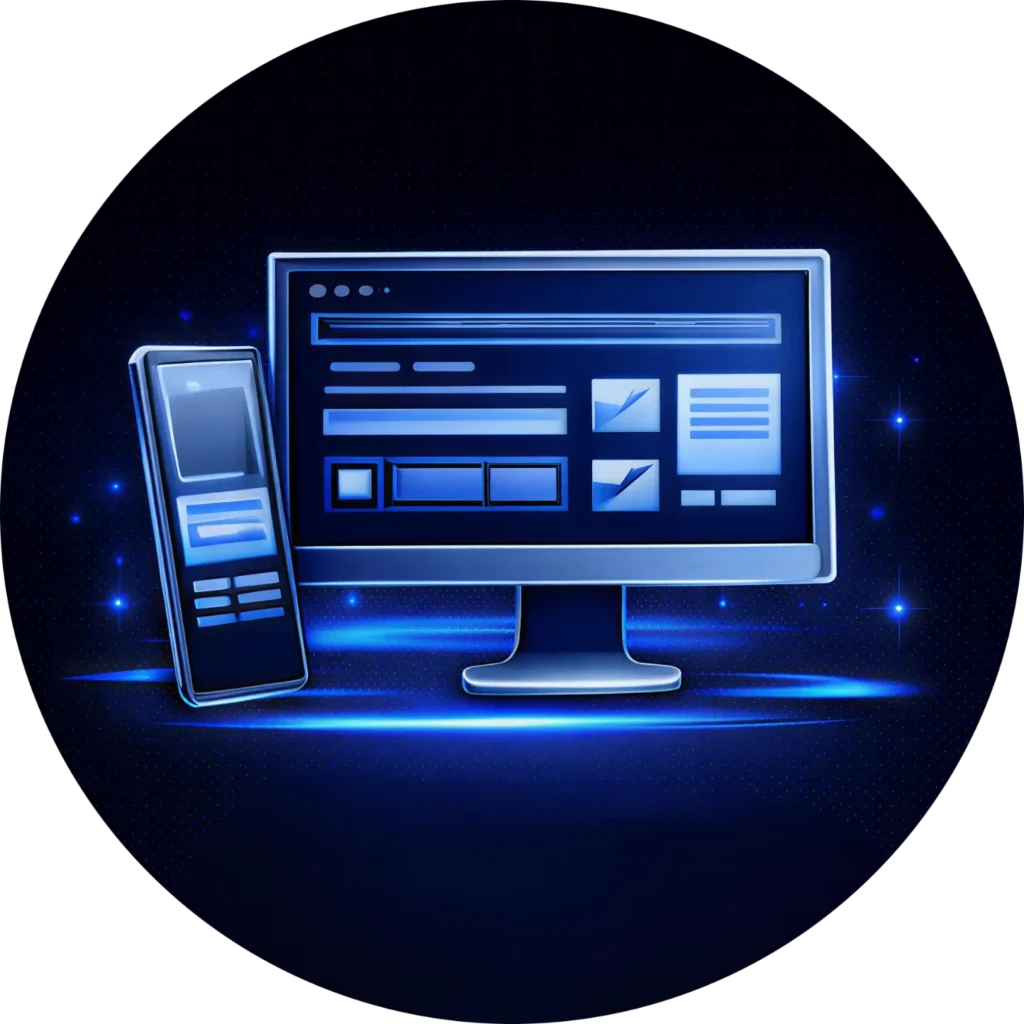 A sleek circular icon for Web Design Abbotsford, featuring a glowing blue monitor and mobile phone to represent Kingdome Studios website design and development