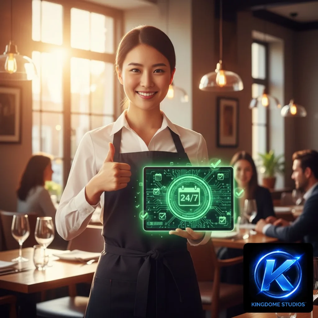 A smiling hostess gives a thumbs up while holding a tablet displaying a 24/7 automated booking system. Integrated by the Best Restaurant Website Design Company in Markham Ontario